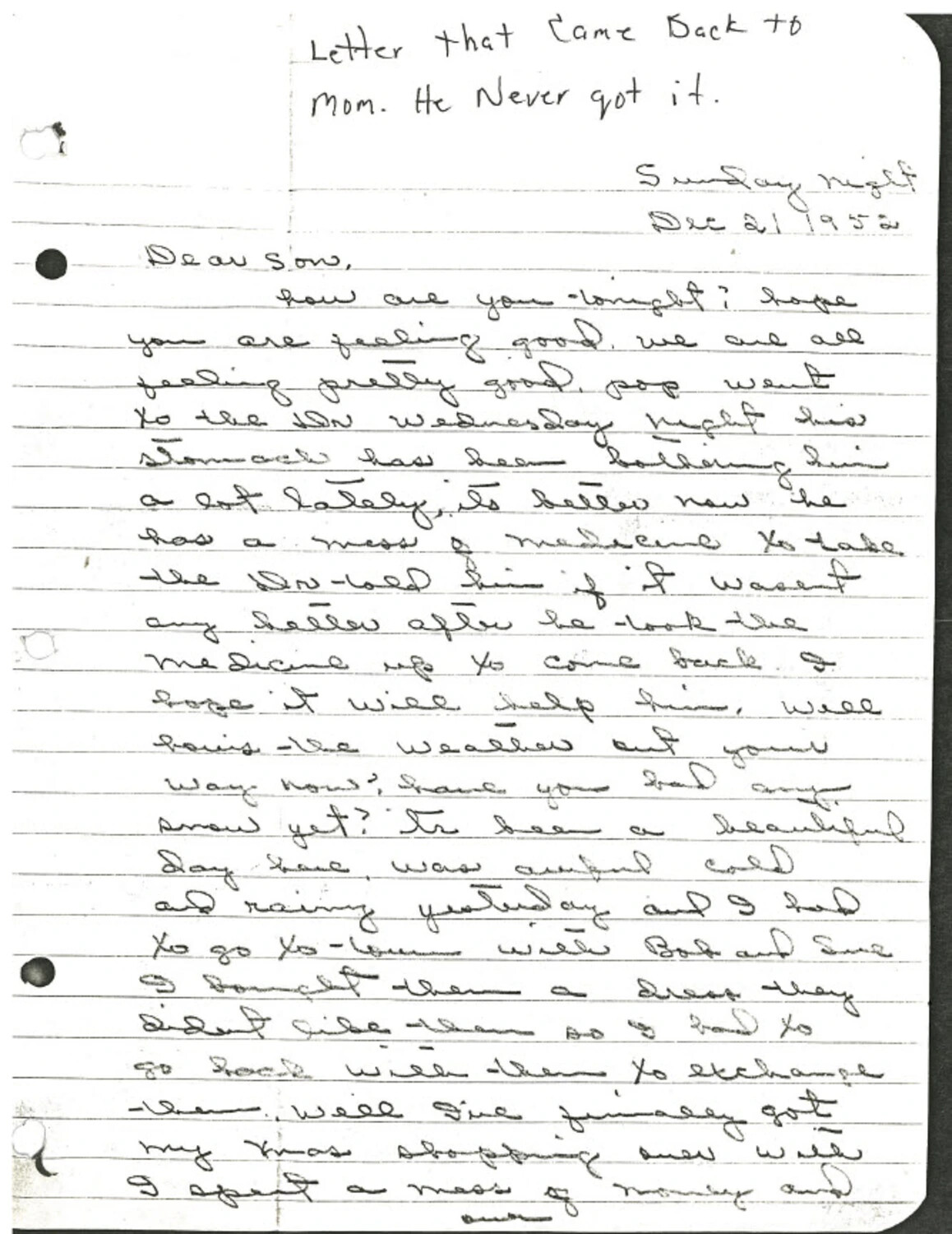 Undelivered Letter from Mother to Son, Korean War Era, Dated December 21, 1952