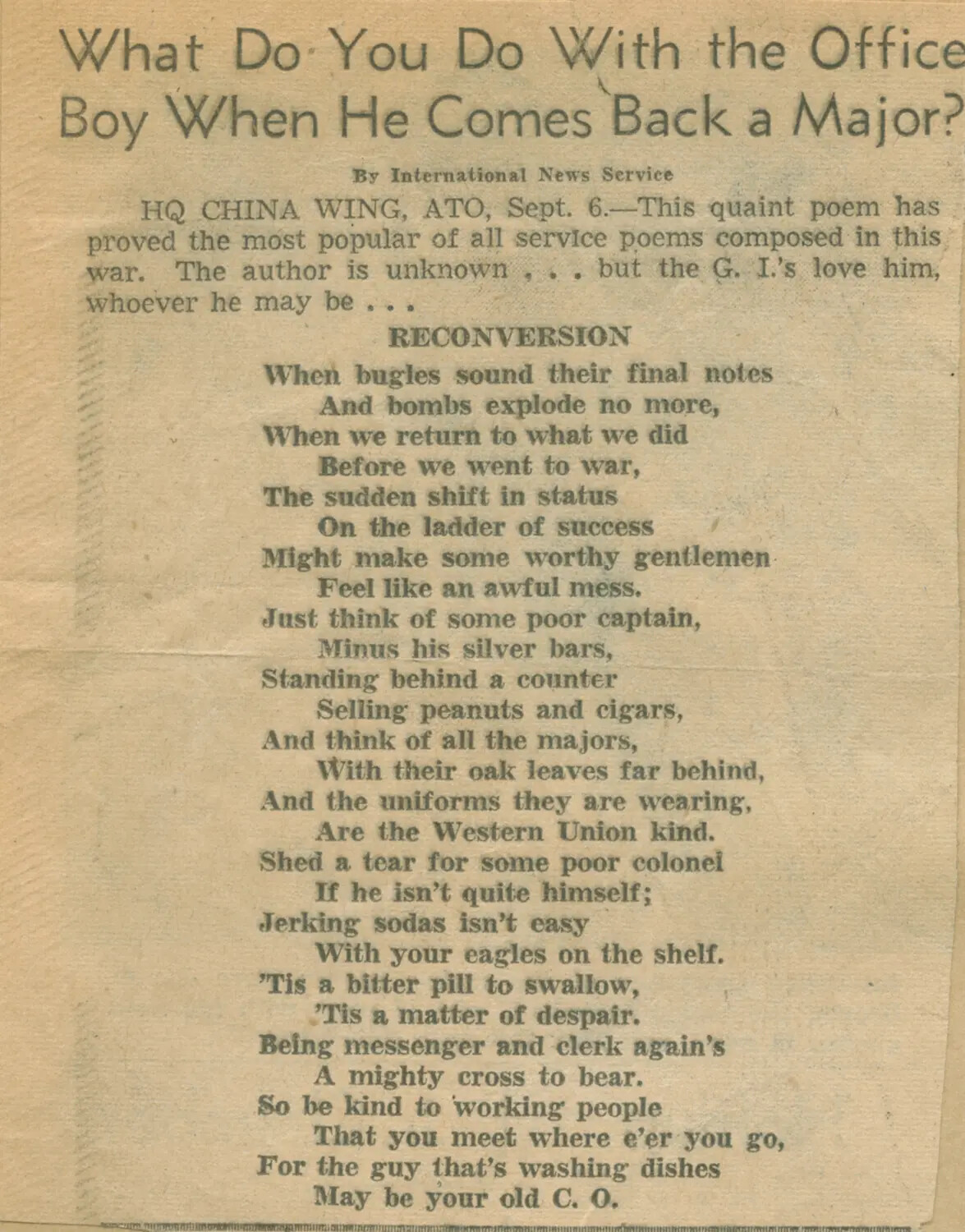Newspaper Clipping: 'Reconversion' Poem, HQ China Wing, Air Transport Command