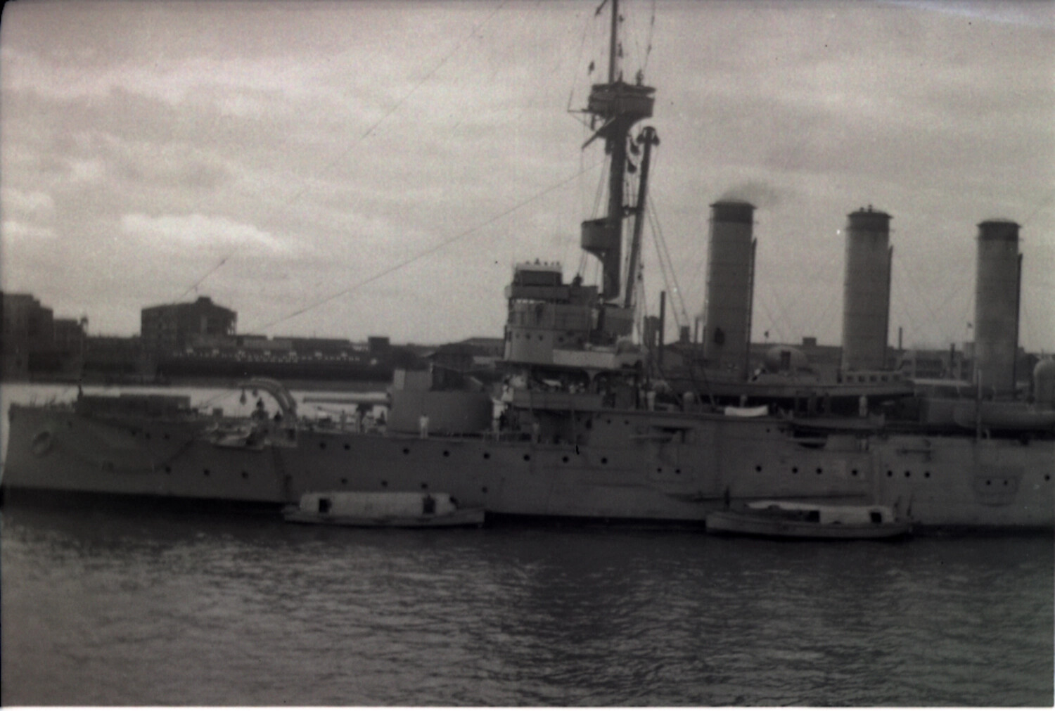 Three-Stack Cruiser Moored in a Chinese Port, Early-to-Mid 20th Century