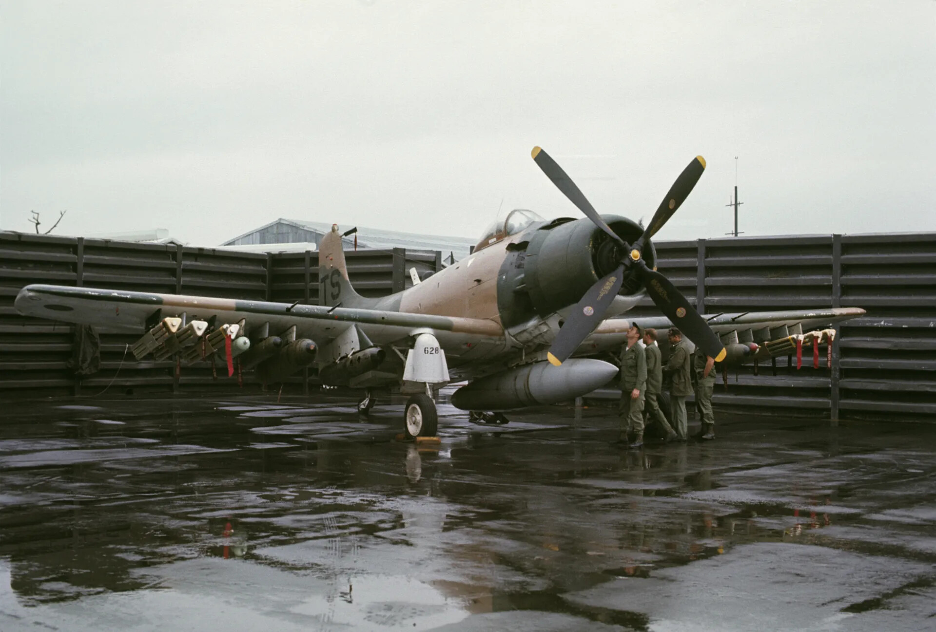 Bomb-Laden Douglas A-1 Skyraider (Tail Code TS, No. 628) at Revetment, Vietnam