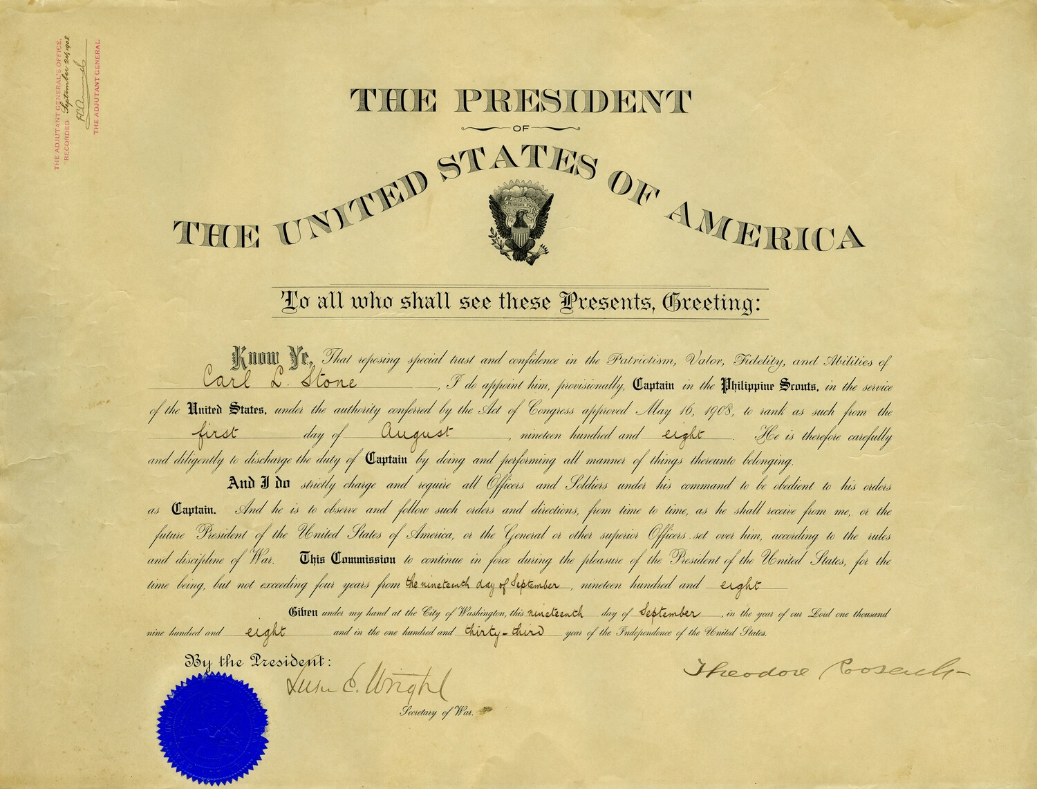 Presidential Commission of Carl L. Stone as Captain, Philippine Scouts, Signed by Theodore Roosevelt, 1908