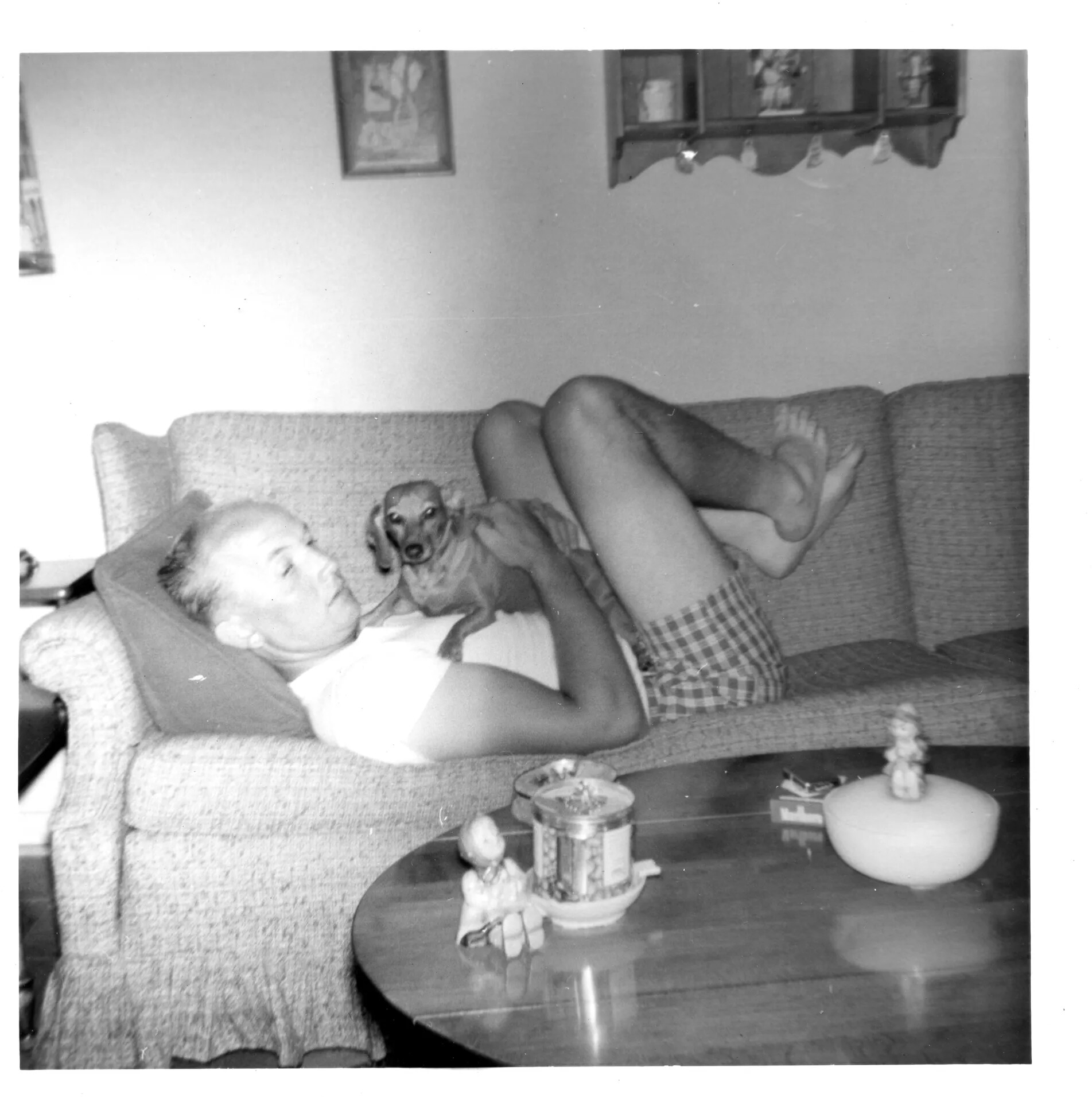 Man Napping with Dachshund on Living Room Couch, circa 1960