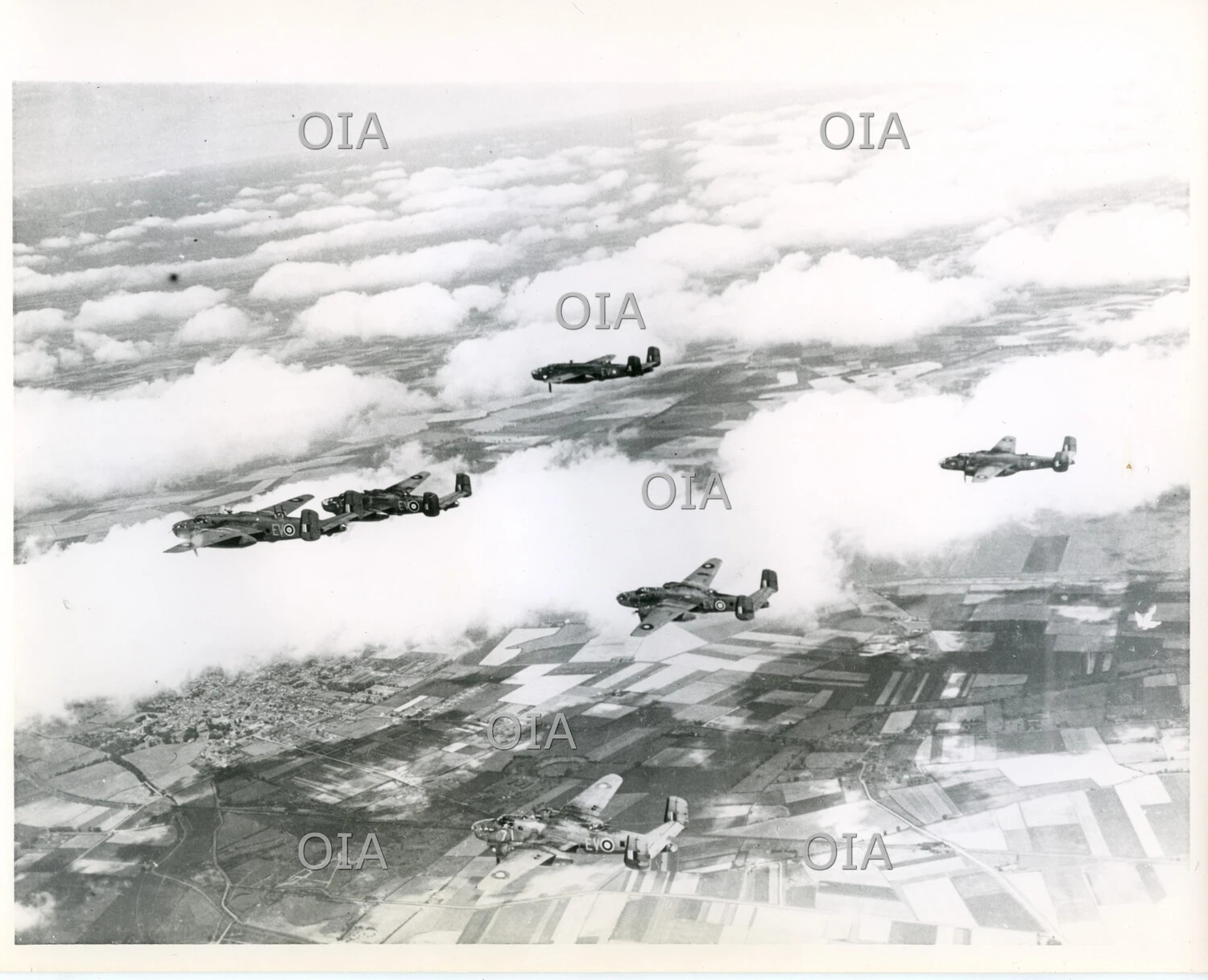 Formation of RAF No. 180 Squadron B-25 Mitchell Bombers Over Occupied Europe, WWII