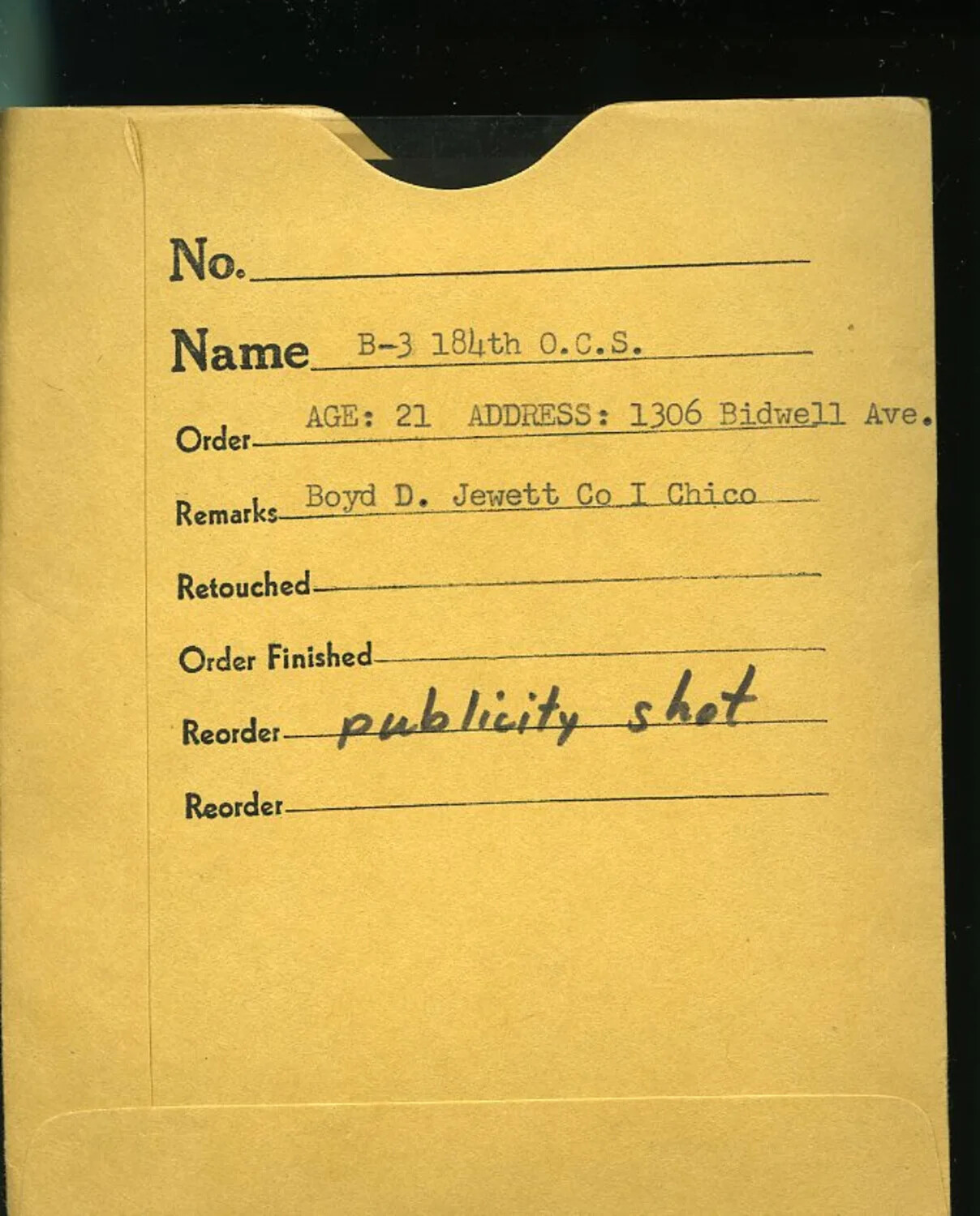 Photo Studio Order Envelope for Officer Candidate Publicity Photograph, Boyd D. Jewett, 184th O.C.S., Chico, California