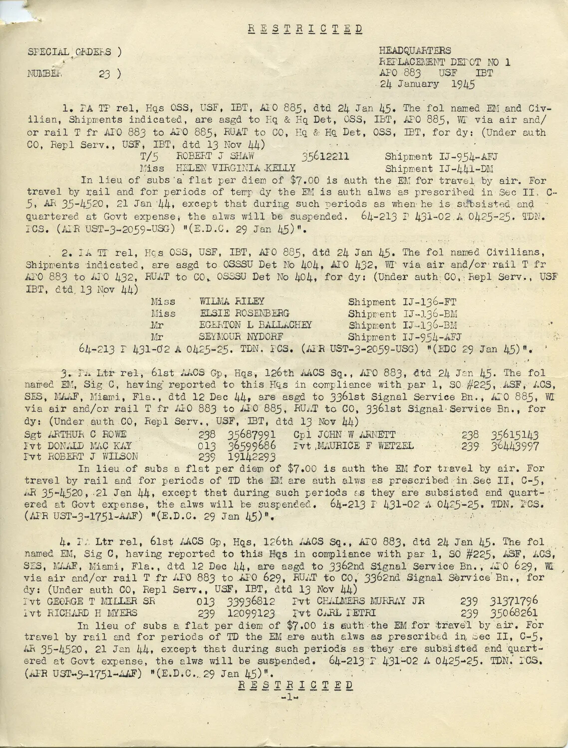 Restricted Special Orders No. 23, Headquarters Replacement Depot No. 1, U.S. Forces India-Burma Theater, 24 January 1945