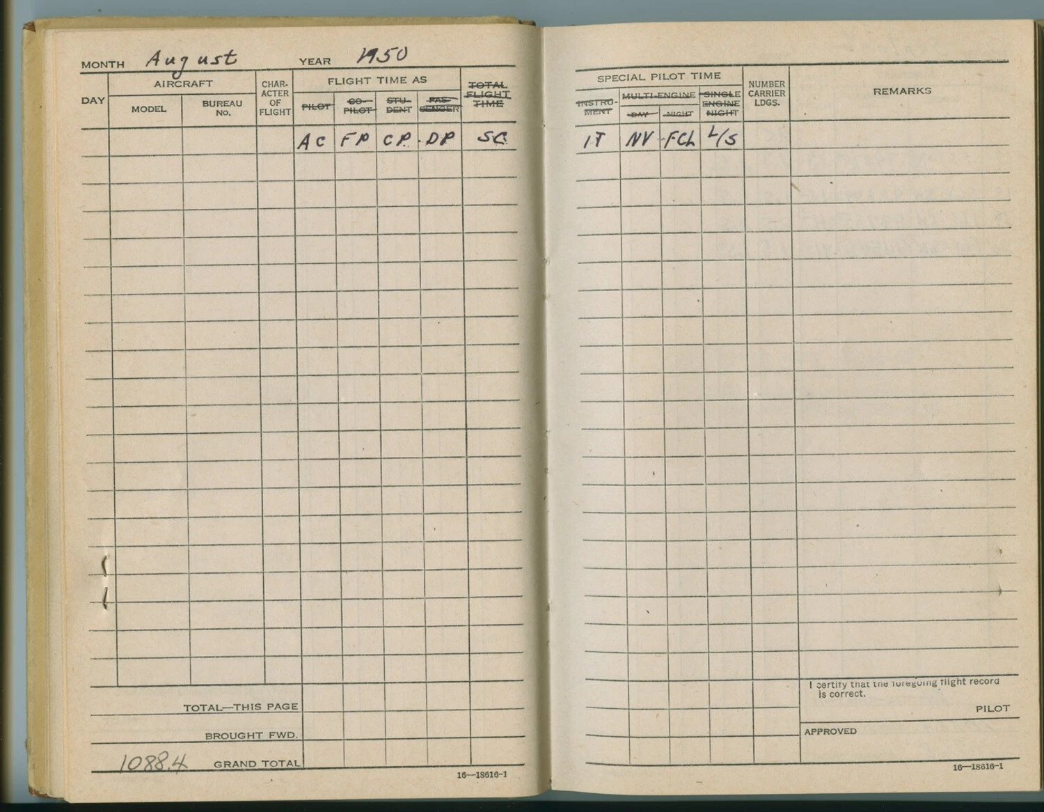 U.S. Naval Aviator's Flight Log Book — August 1950 Entry, McAleer Collection (Korea Era)