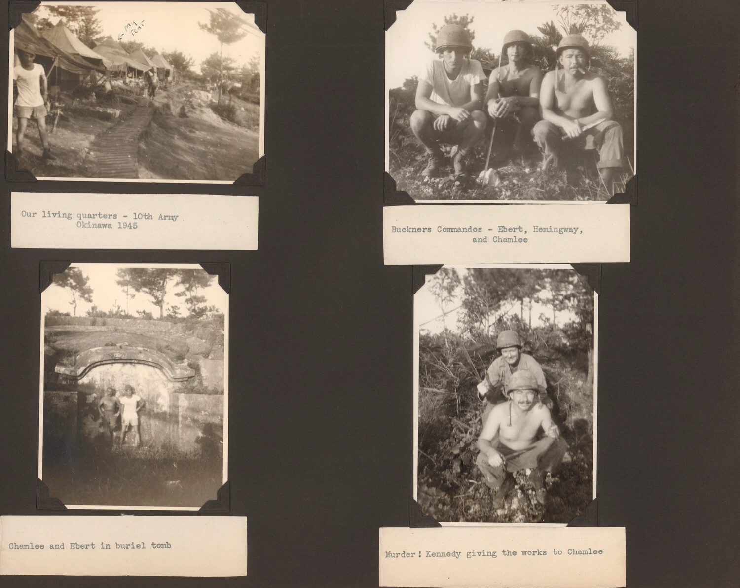 10th Army Photo Album Page - Okinawa, 1945: Living Quarters, Soldiers, and Okinawan Tomb