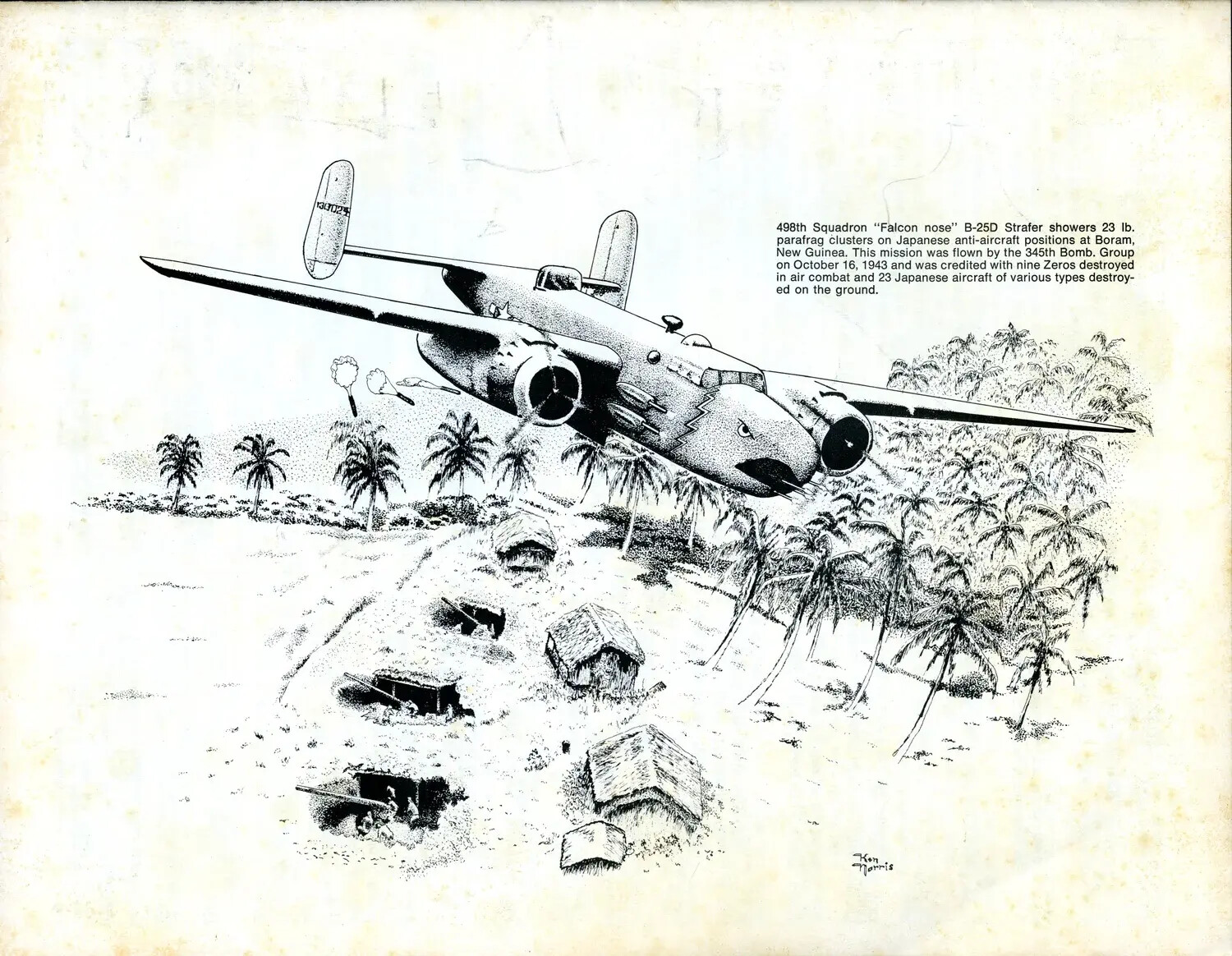 498th Squadron B-25D 'Falcon Nose' Strafer Attacking Boram Airfield, New Guinea, 16 October 1943 (Illustration by Ken Norris)