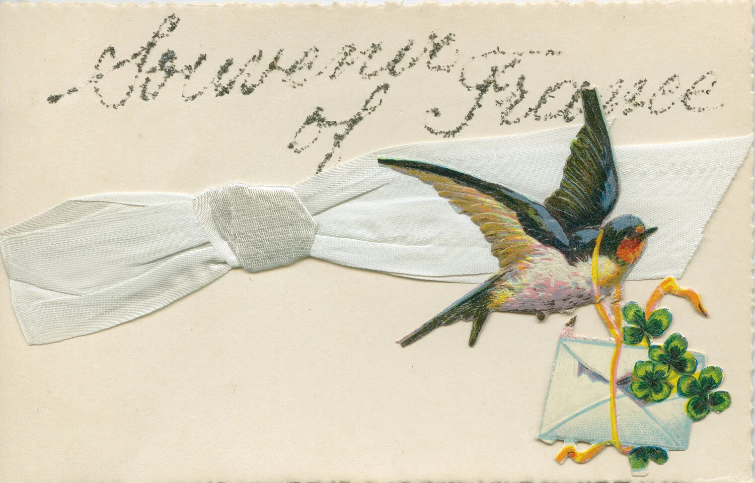 "Souvenir of France" Novelty Postcard with Ribbon and Swallow Motif
