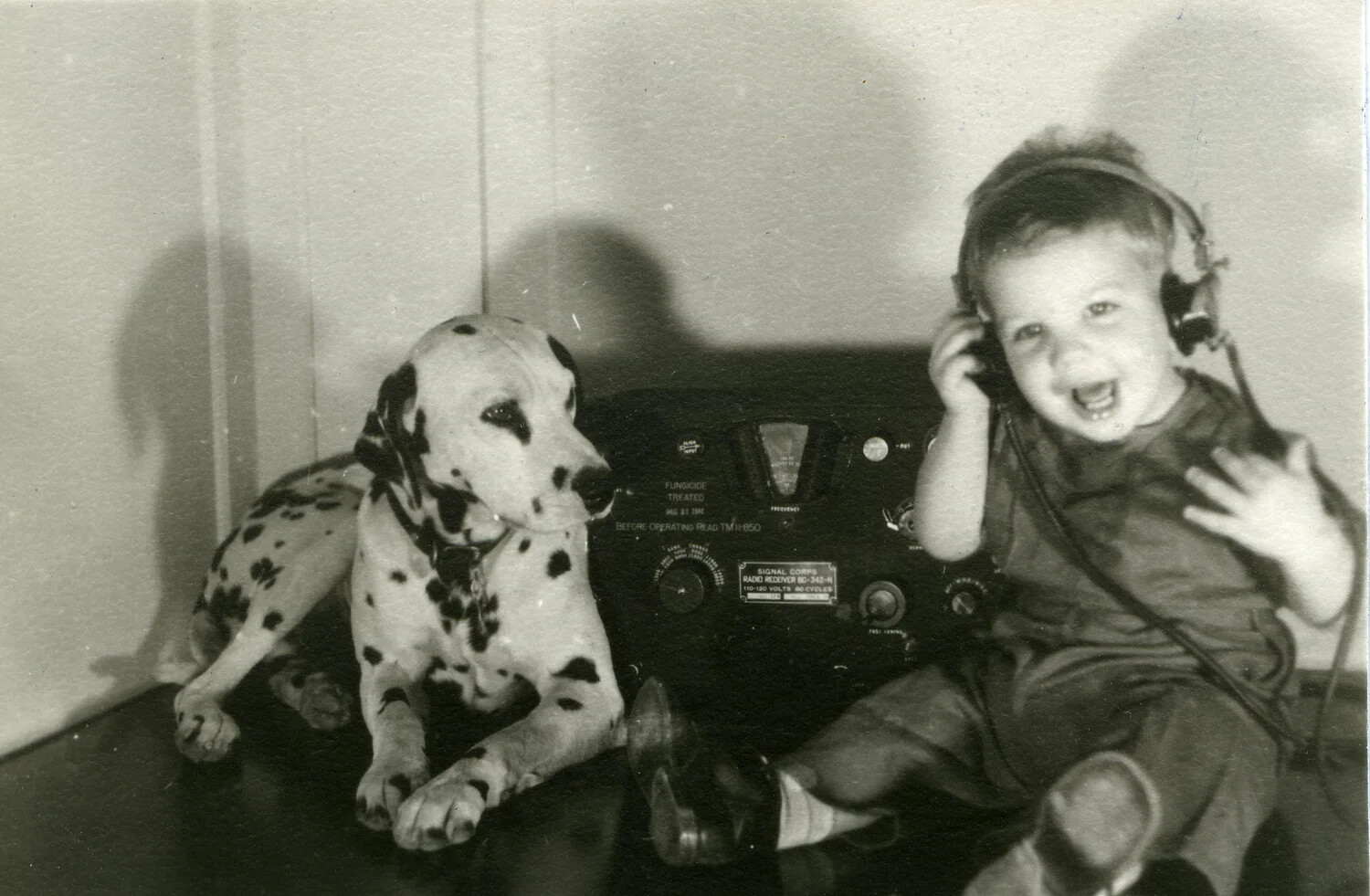 Boy with Dalmatian and War-Surplus Signal Corps BC-342-N Radio Receiver, Family Snapshot, Post-WWII Era