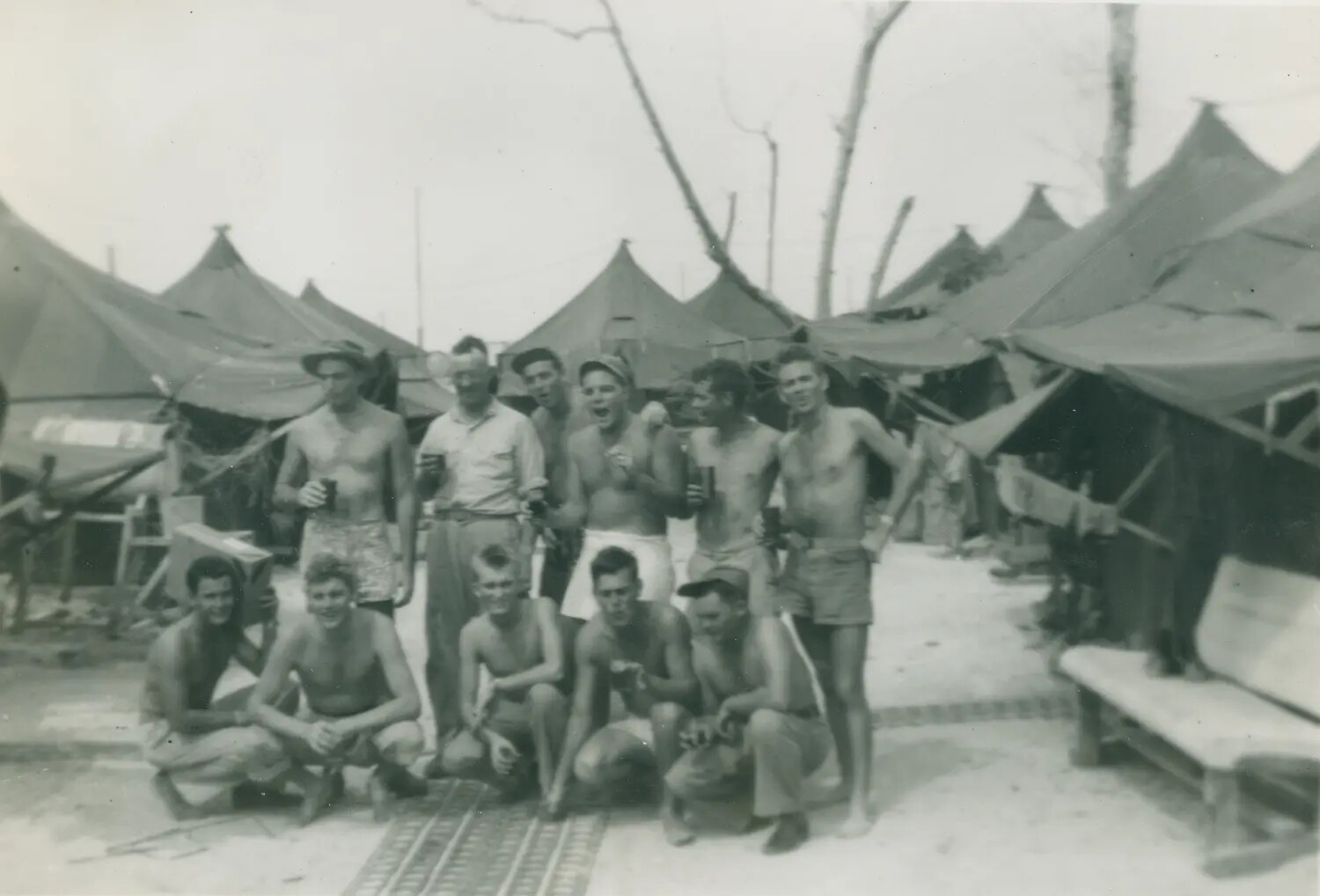 Group Portrait of Servicemen at a Pacific Theater Tent Camp, World War II