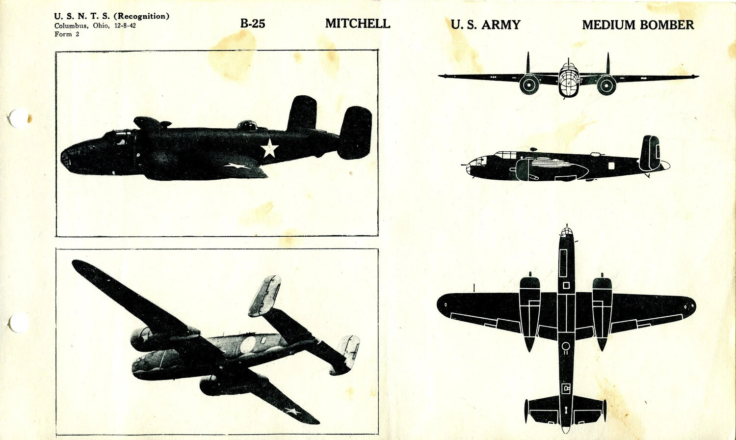 U.S.N.T.S. Aircraft Recognition Card: B-25 Mitchell Medium Bomber (Form 2, Columbus, Ohio, 12-8-42)