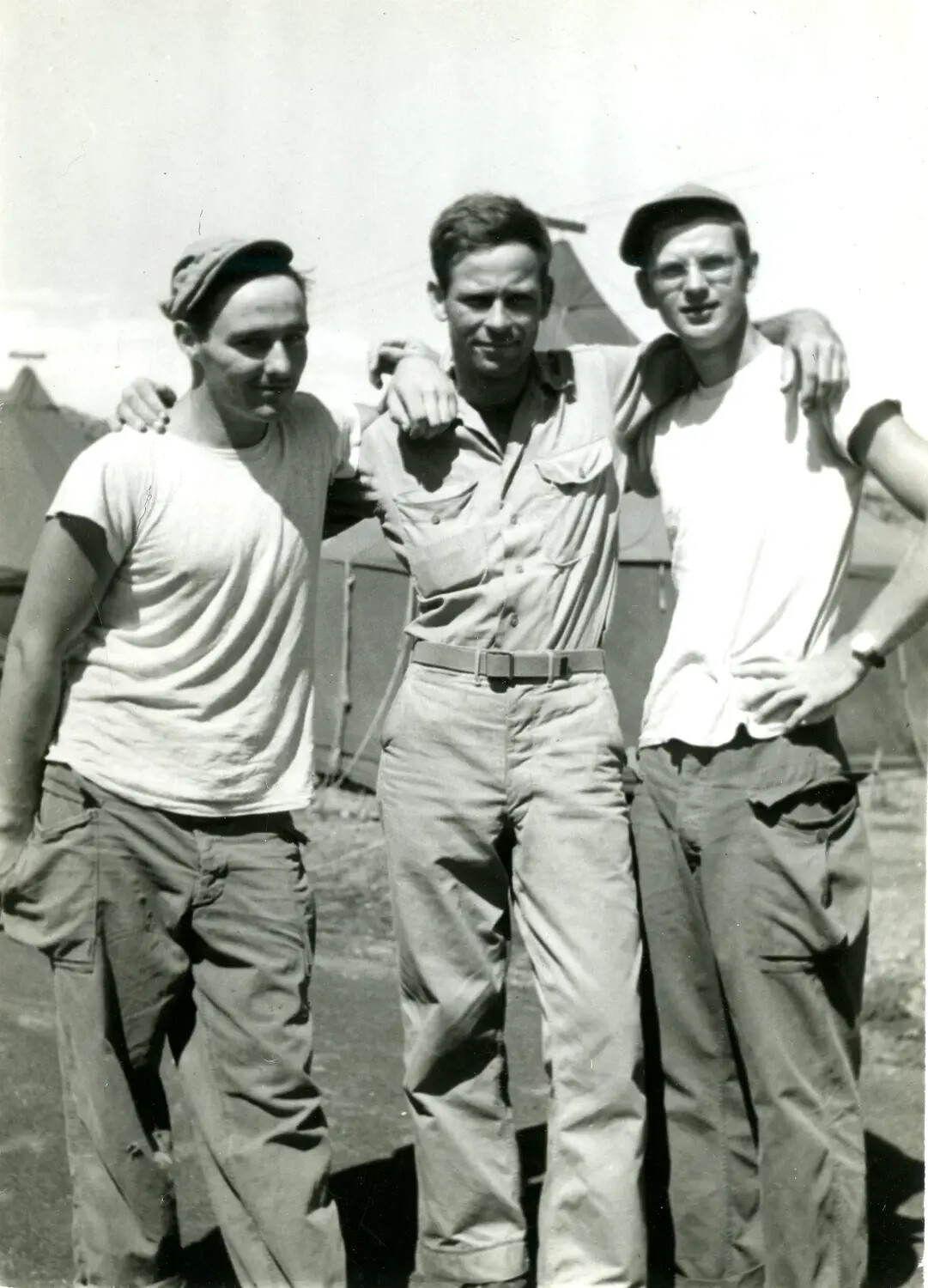 Three U.S. Marines Posing in Camp, 5th Marine Division, Iwo Jima Collection, WWII