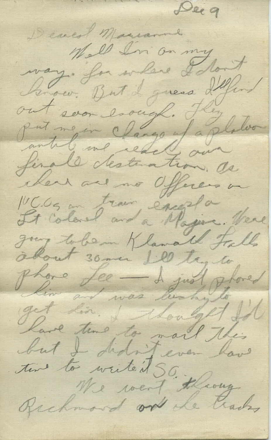 Handwritten Troop-Train Letter, 'Dec 9,' Moon-Sammiet WWII Correspondence