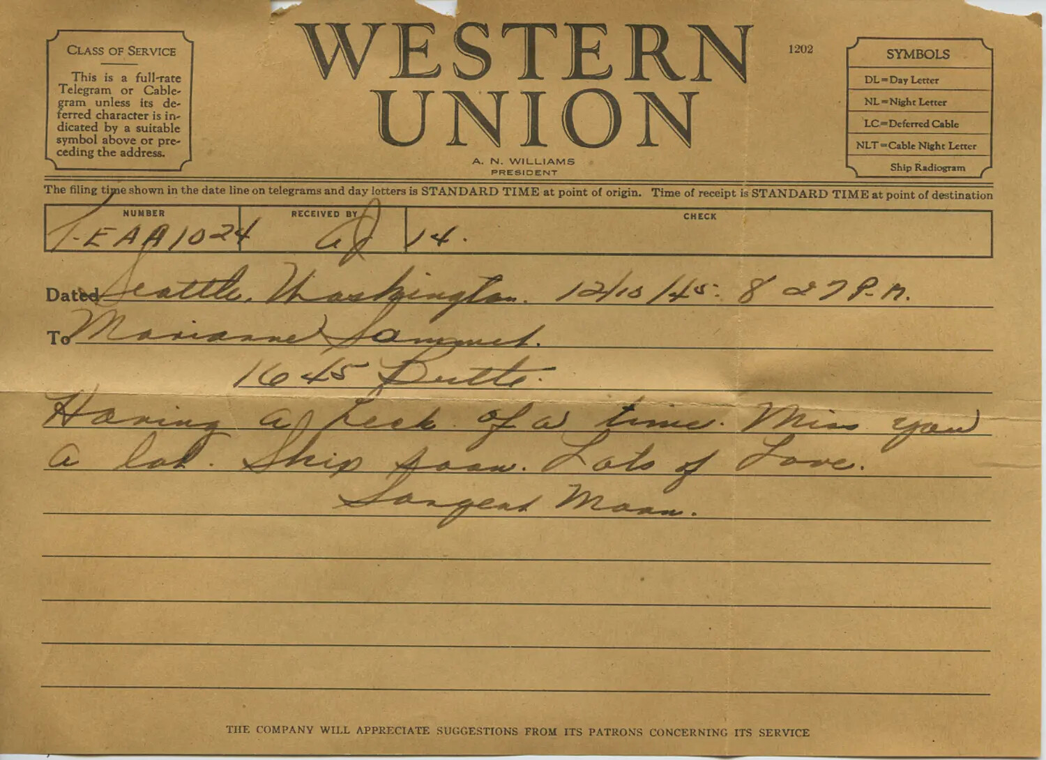 Western Union Telegram from Sergeant Moon to Marianne Sammet, Seattle, Washington, December 1945