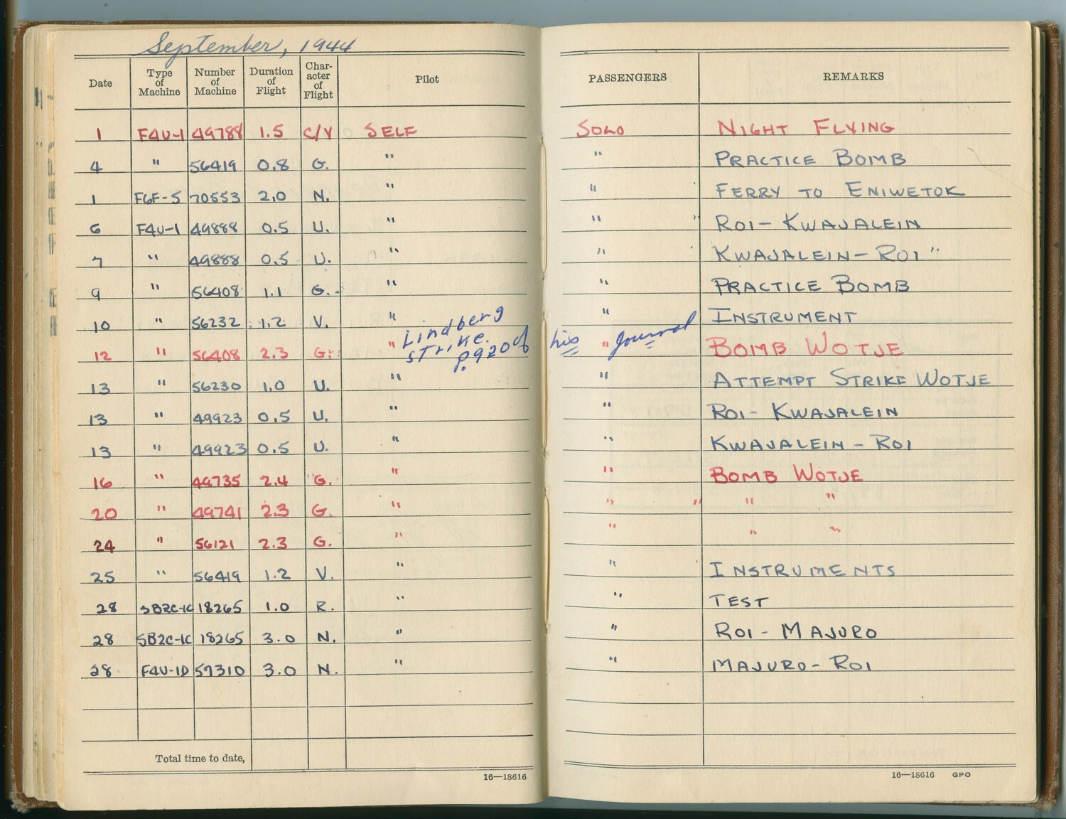 McAleer Personal Flight Logbook, September 1944 Entries — Marshall Islands Combat Operations