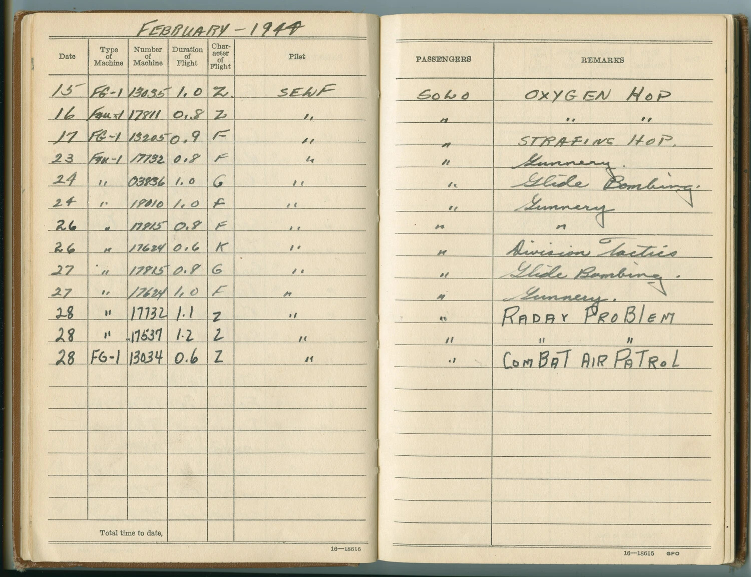 Pilot Flight Logbook Page — February 1944, Corsair Training Flights