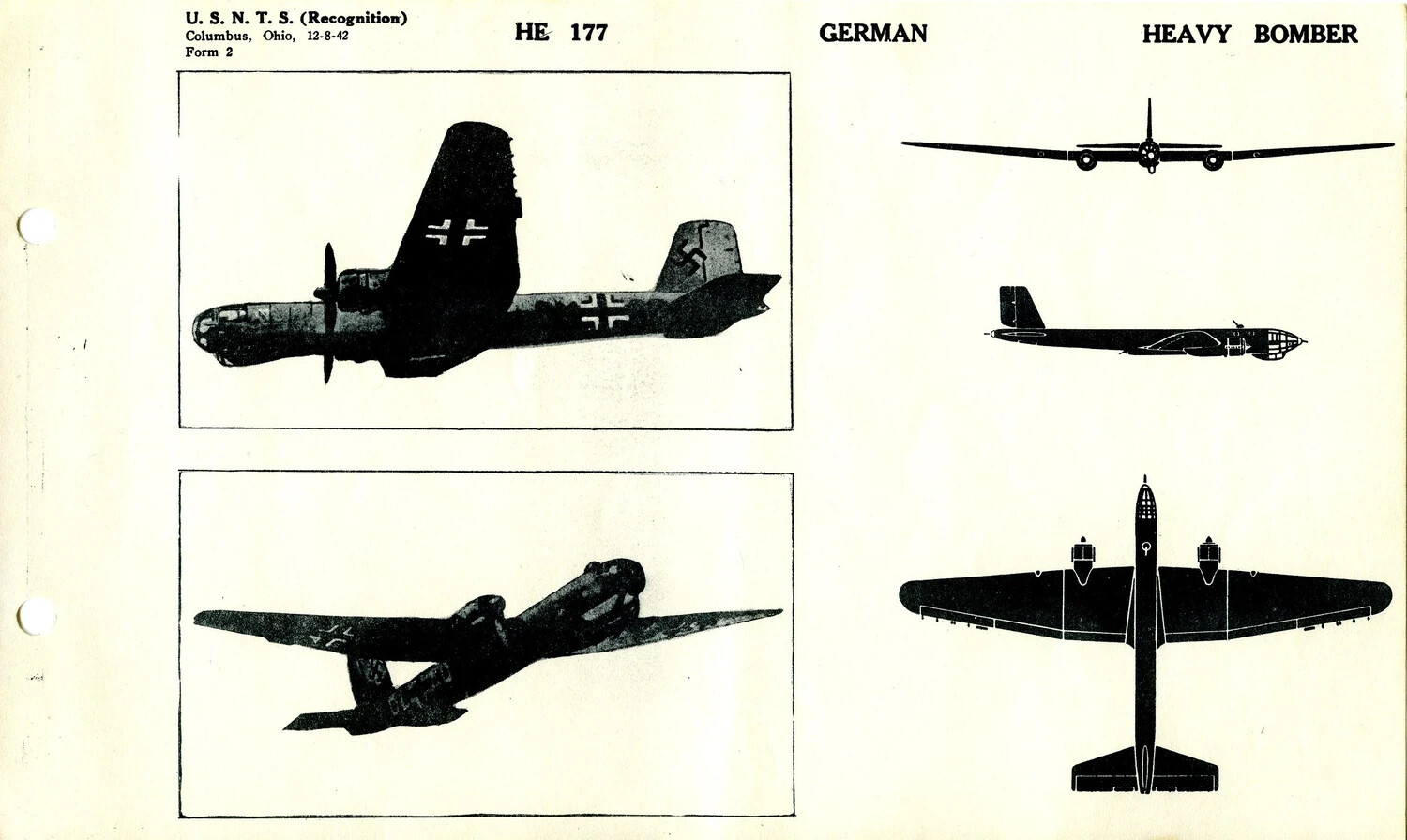 USNTS Aircraft Recognition Training Card: Heinkel He 177, German Heavy Bomber (Form 2, 12-8-42)