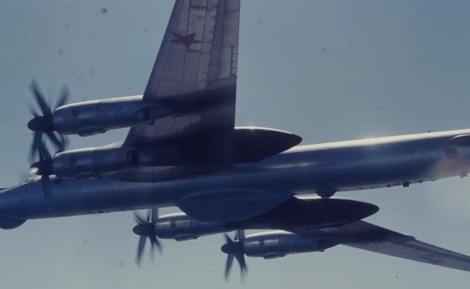 Soviet Tupolev Tu-95 "Bear" Reconnaissance Bomber, Air Intercept Photo by VF-162, USS Ticonderoga