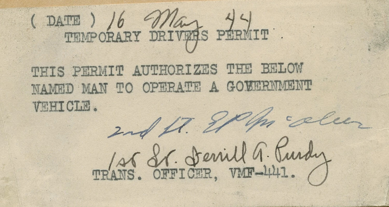 Temporary Drivers Permit, VMF-441, Issued to 2nd Lt. E.P. McAleer, 16 May 1944