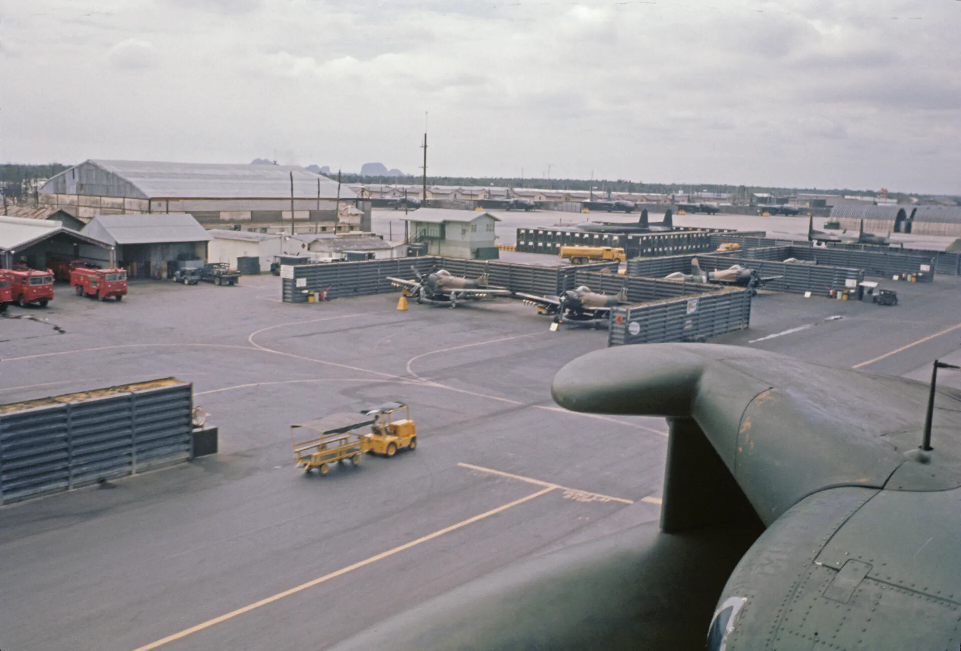 Overview of USAF Flight Line with Revetments and Karst Hills in Background, Vietnam War Era