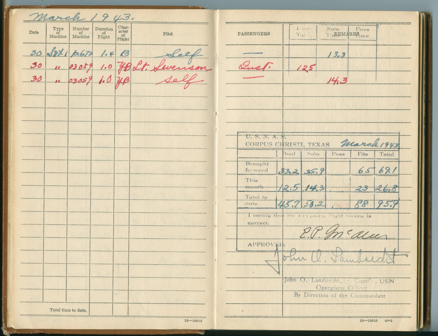 Naval Aviator's Flight Log Book, March 1943, USNAS Corpus Christi, Texas - Edward P. McAleer