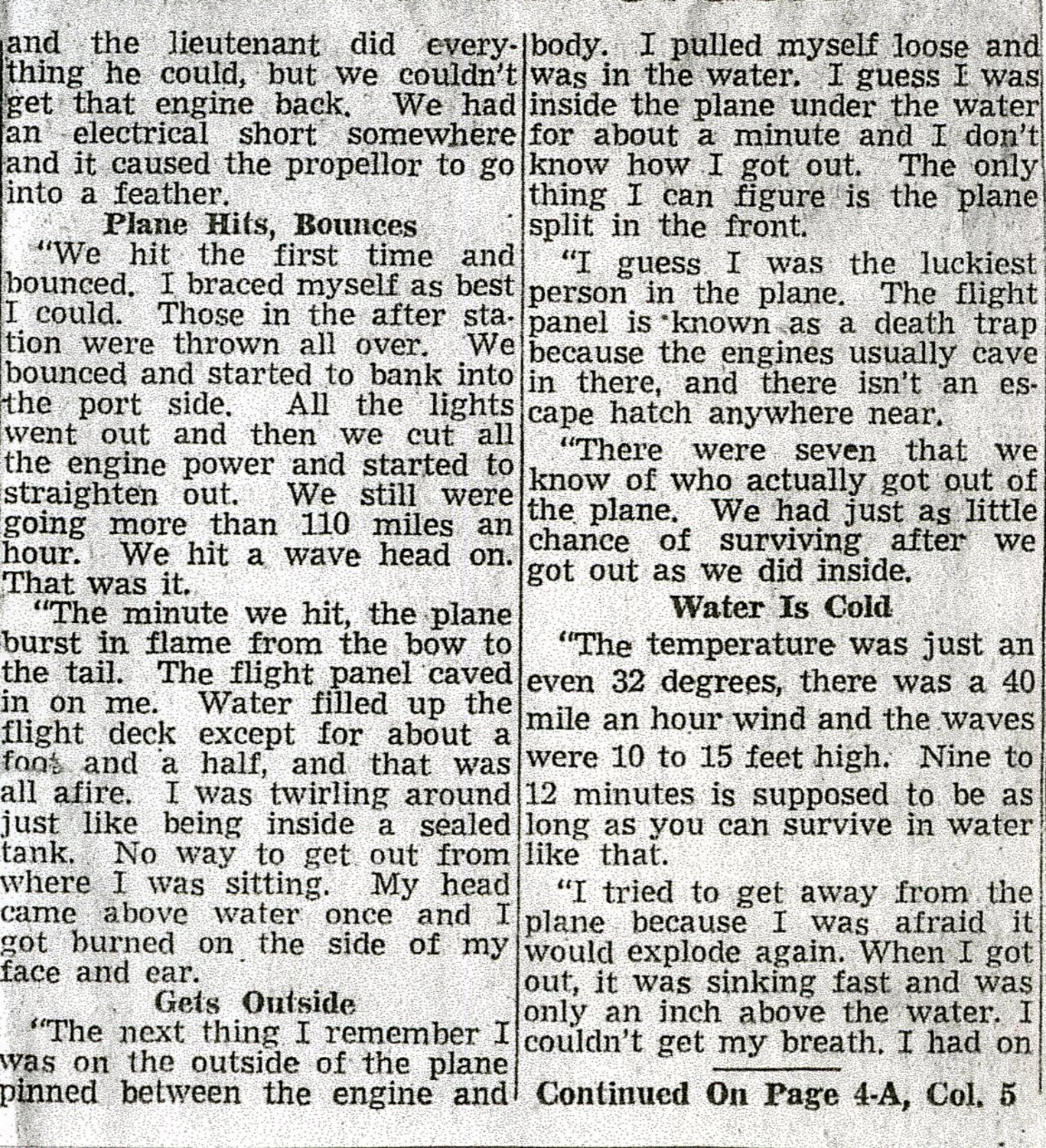 Newspaper Clipping: Survivor Account of Military Aircraft Ditching at Sea, Lt. Bancroft Collection, Korean War Era