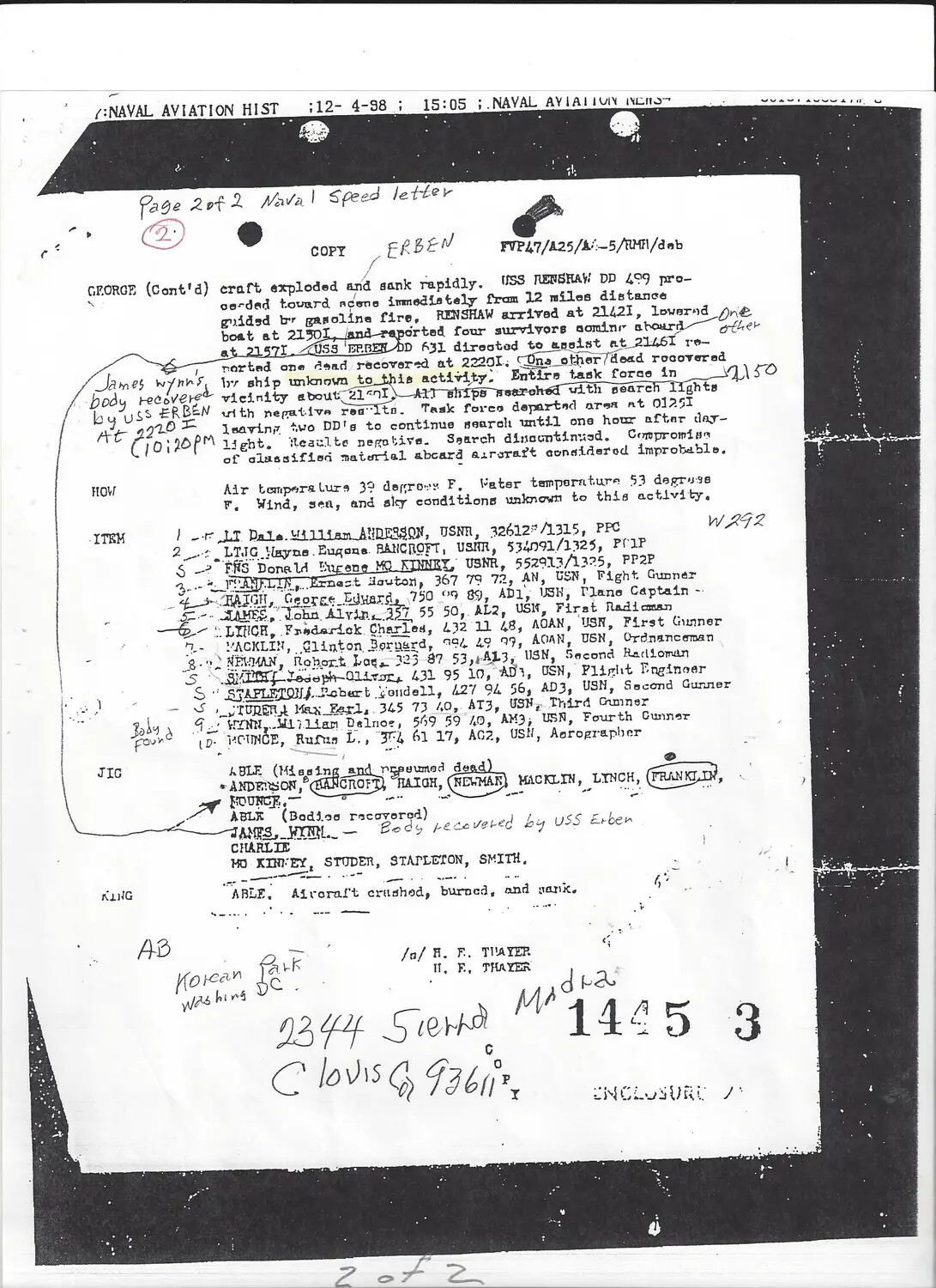 Official U.S. Navy Casualty Report (Naval Speed Letter, Page 2 of 2) — Aircraft Loss Involving LTJG Hayes Eugene Bancroft, Korean War Era
