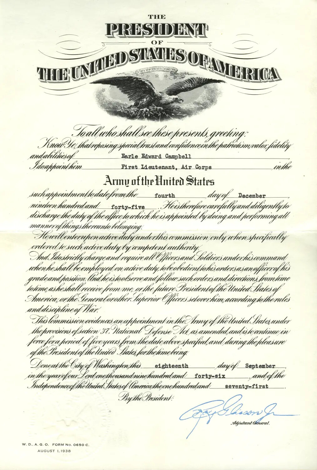 Presidential Commission Certificate - First Lieutenant Earle Edward Campbell, Air Corps