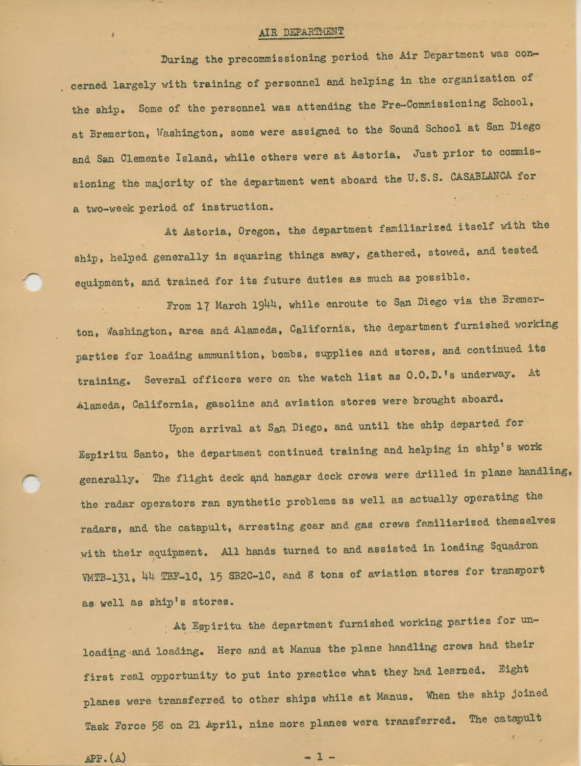 Typed Page 1, Appendix (A) 'AIR DEPARTMENT' - USS Petrof Bay (CVE-80) Precommissioning and Early 1944 Operational History