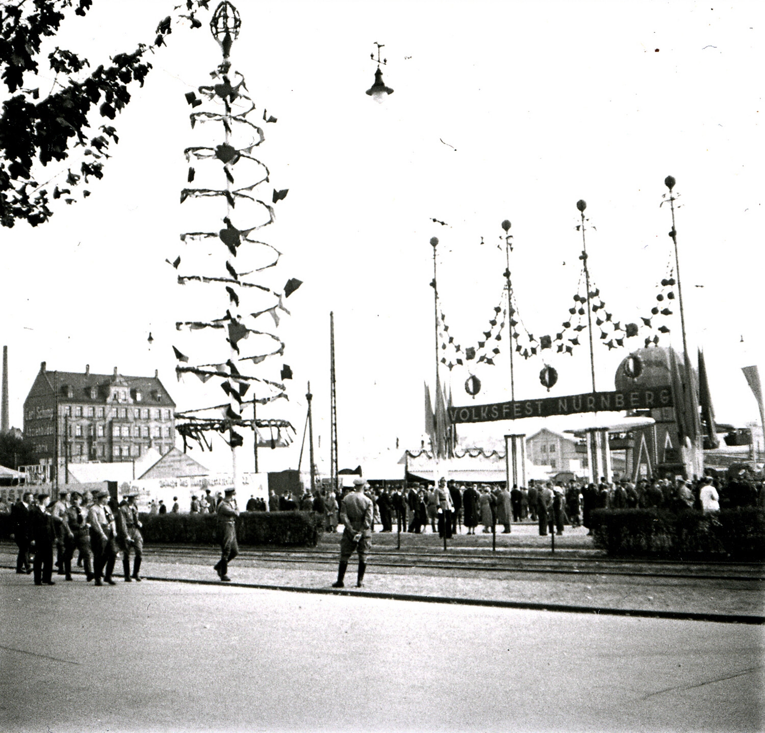 Volksfest Nurnberg (Nuremberg Folk Festival) Street Scene with Uniformed Men, Germany, Interwar/WWII Era