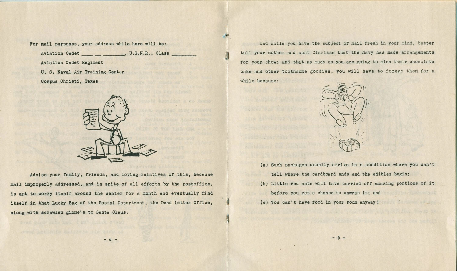 Orientation Booklet, U.S. Naval Air Training Center, Corpus Christi, Texas - Pages 4-5, 'Mail and Packages' (McAleer Collection)