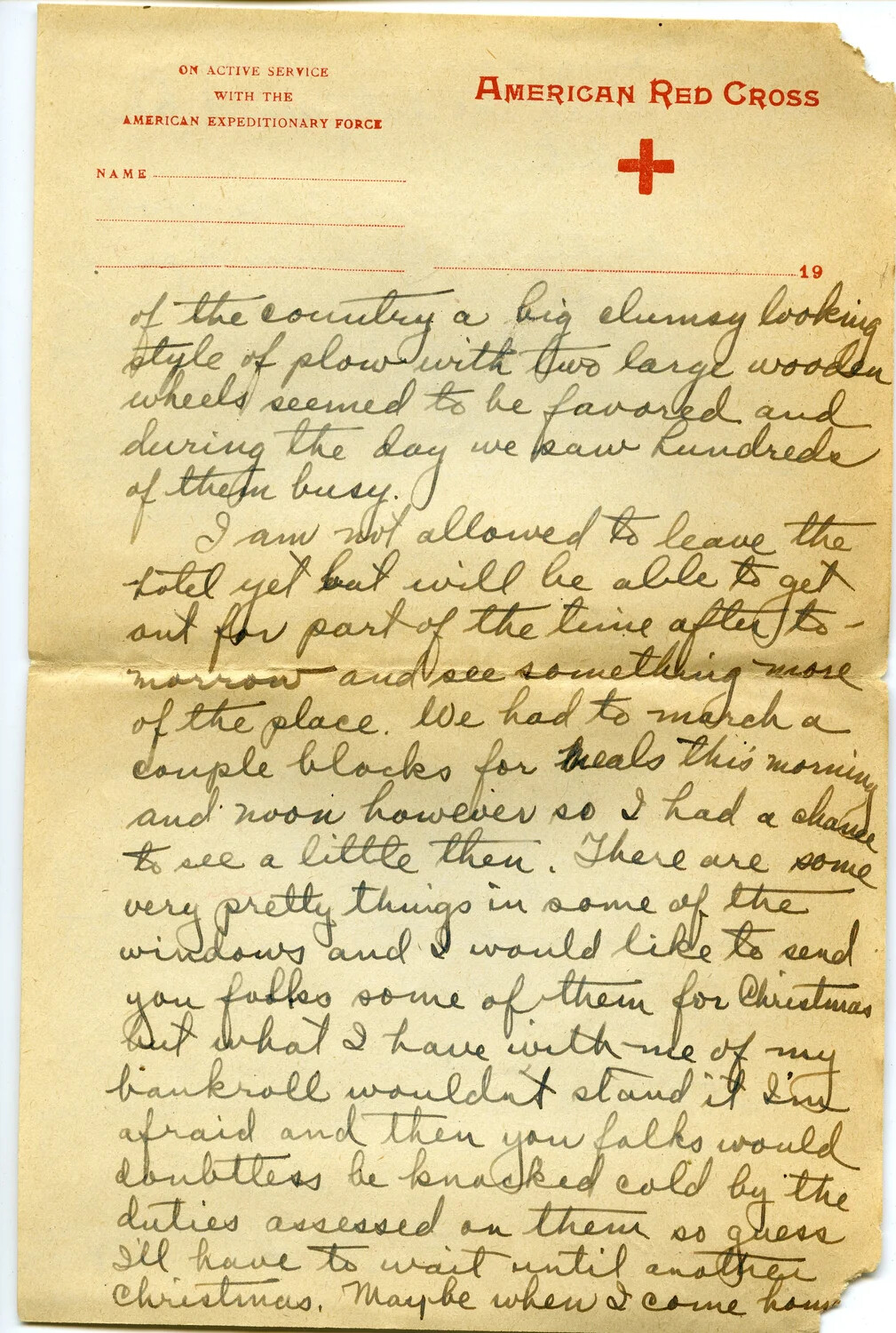 Handwritten Letter on American Red Cross AEF Stationery, Pvt. Willis W. Wagener, Page 19 (Letter 22, Page D)