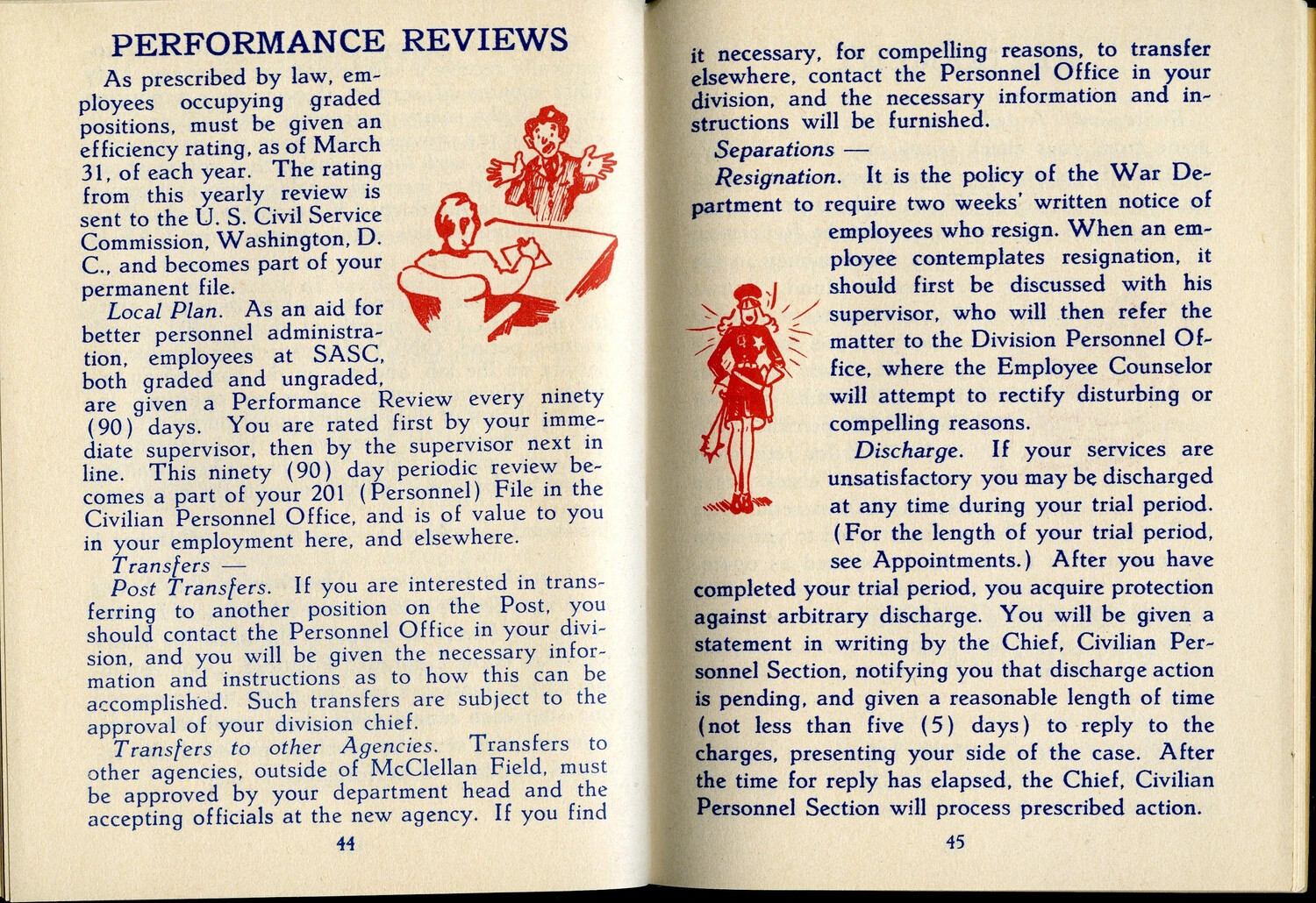 McClellan Field Employee Guide Booklet, Pages 44-45: Performance Reviews and Separations