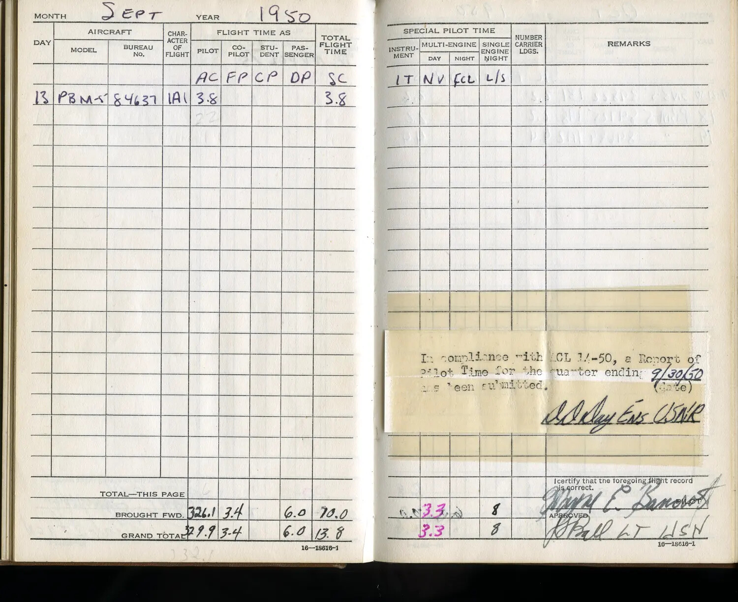 U.S. Navy Pilot Flight Logbook Page, September 1950 - Lt. Bancroft Korean War Collection