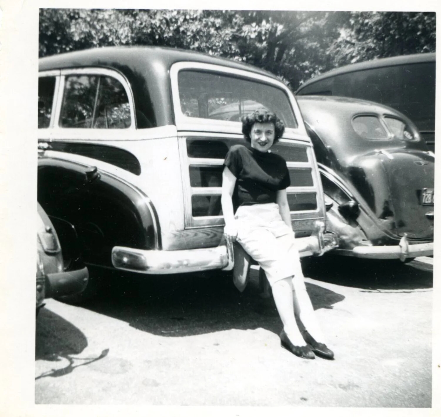 Woman Posing by Woody Station Wagon, Home-Front Snapshot, Early 1950s
