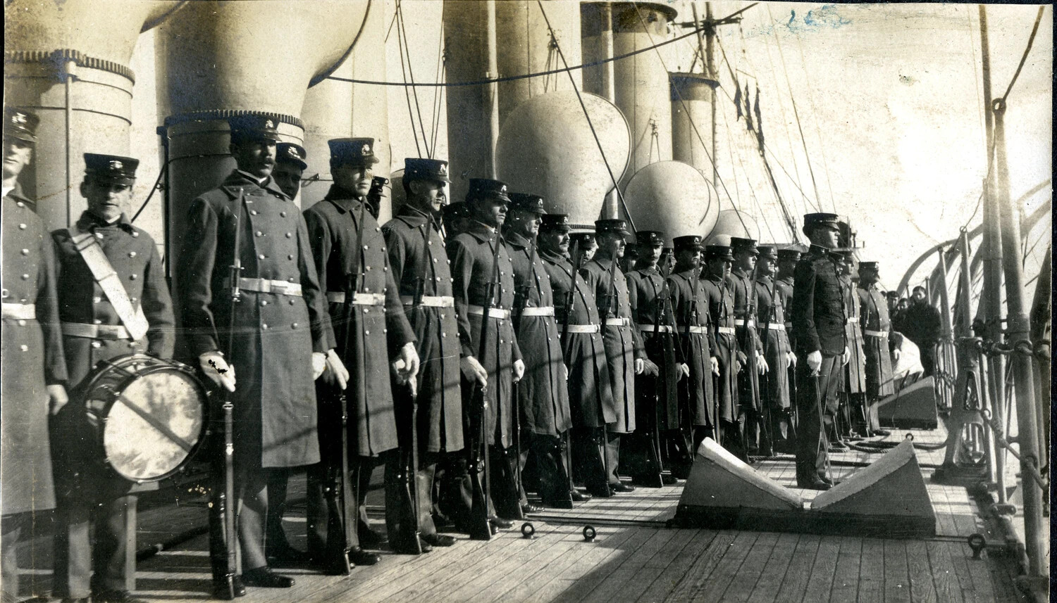 U.S. Navy Landing Force / Marine Detachment Mustered on Deck, USS Columbia Album, c. 1898-1905