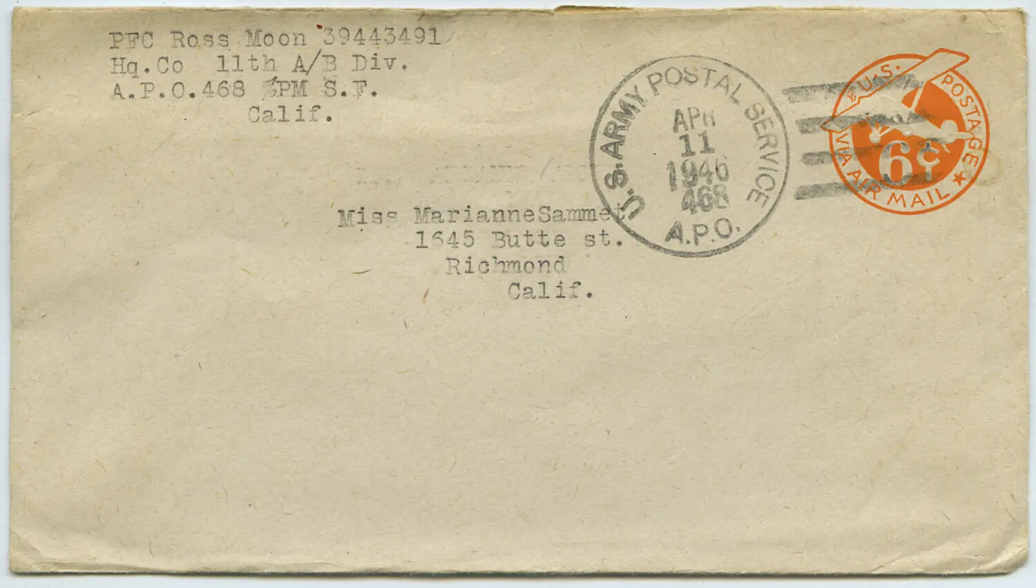 Military Mail Envelope, PFC Ross Moon (11th Airborne Division) to Marianne Sammet, April 1946
