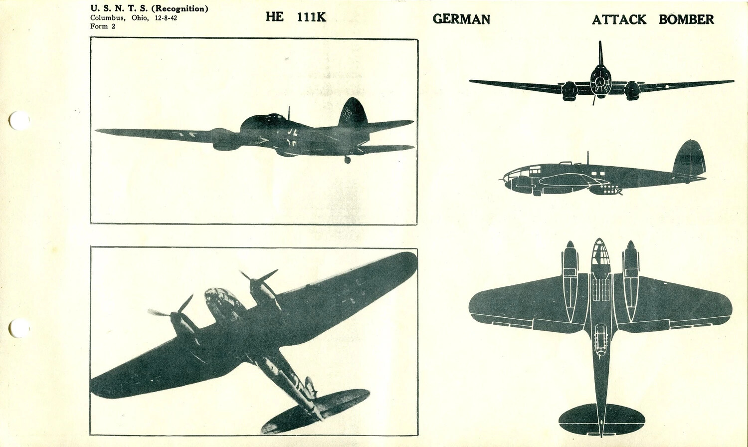 USNTS Aircraft Recognition Training Card: Heinkel He 111K, German Attack Bomber (Form 2, 12-8-42)