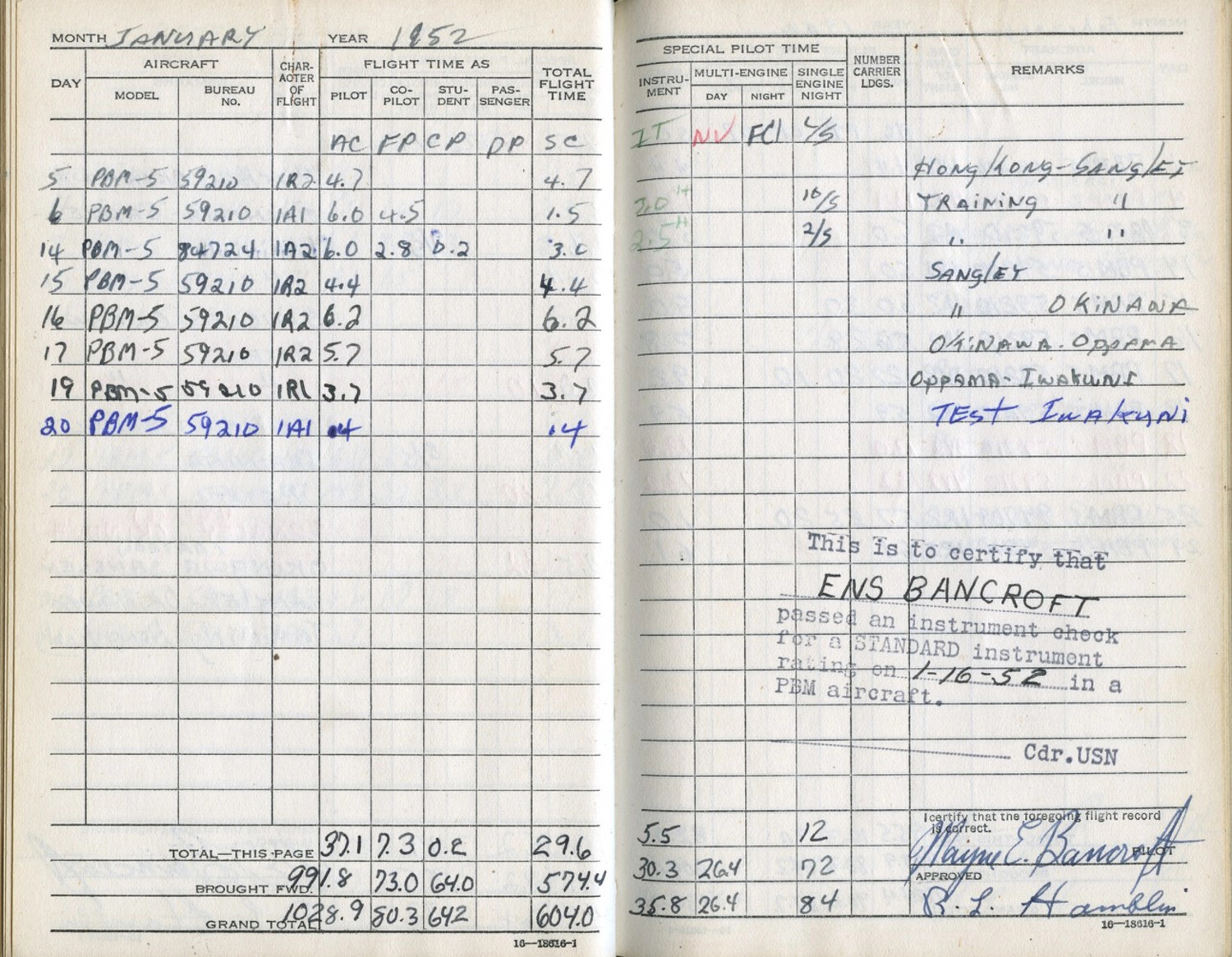 U.S. Navy Pilot's Flight Logbook, Ensign Wayne Bancroft, January 1952