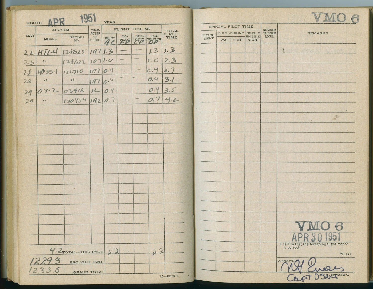 Pat McAleer's Personal Flight Log Book, VMO-6, April 1951 (Korean War Era)