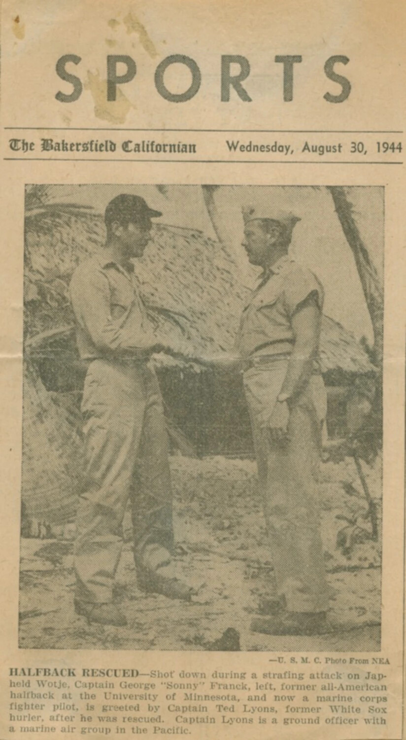 Newspaper Clipping: "Halfback Rescued" - Captains Franck and Lyons, Bakersfield Californian, August 30, 1944