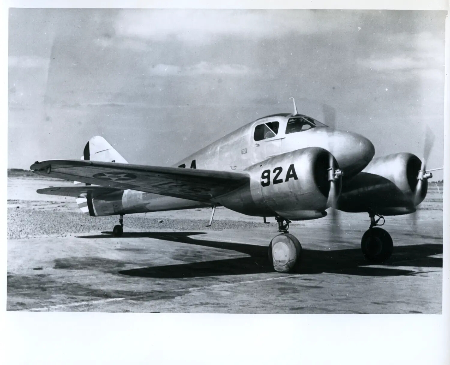 Twin-Engine US Army Air Forces Trainer Aircraft '92A' on Ramp, ca. Early 1940s
