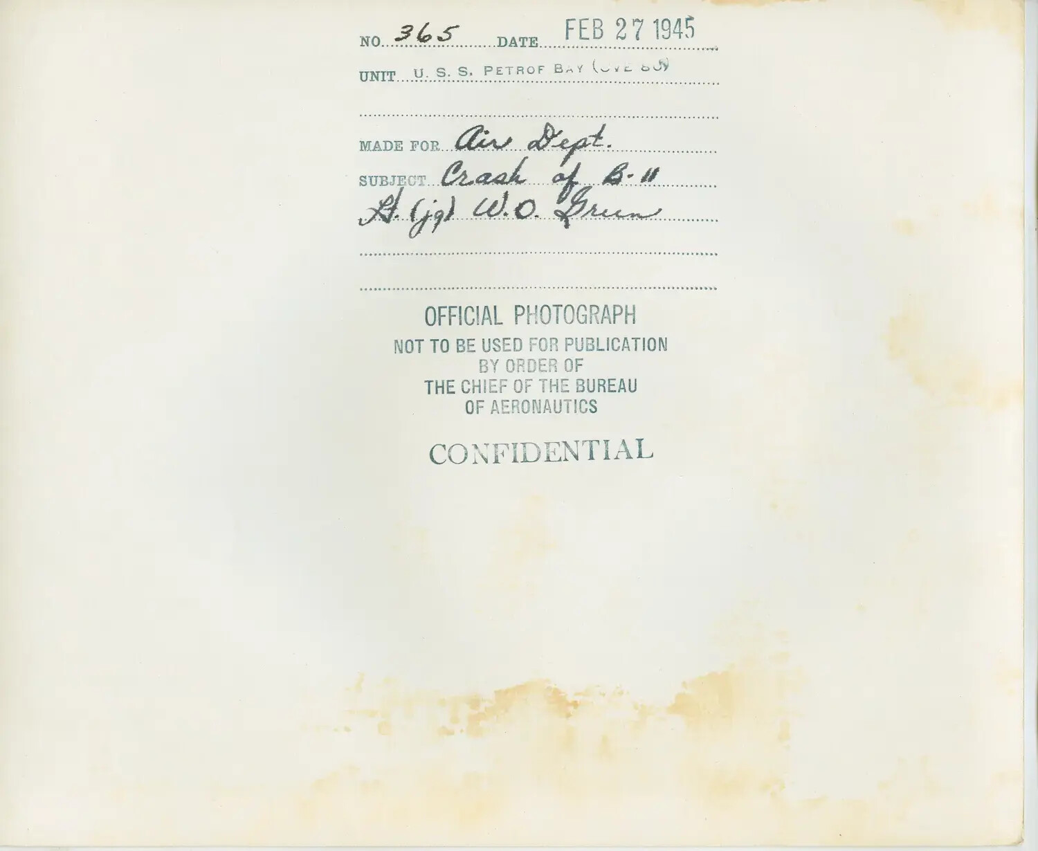 Official U.S. Navy Photograph Caption Sheet, USS Petrof Bay (CVE-80) - "Crash of B-11," February 27, 1945