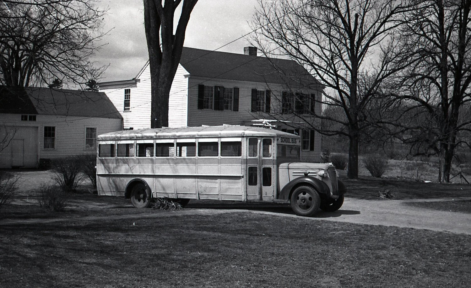 School Bus Parked at Farmhouse, Front View, Stateside Photograph, WWII Era