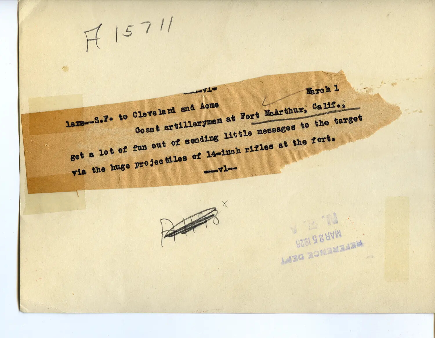 Verso/Caption Sheet for Press Photograph: 14-Inch Coast Artillery Rifle Practice, Fort MacArthur, California