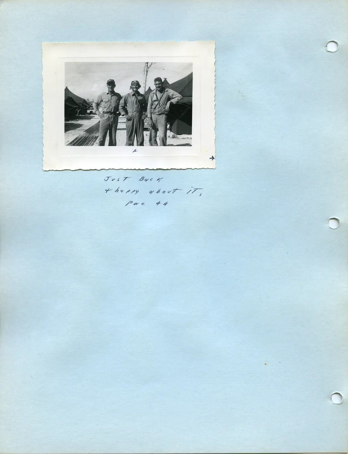 Album Page: Three Airmen at Pacific Airfield Encampment, 'Just Back and Happy About It,' Pac 1944 - Edward P. McAleer Collection