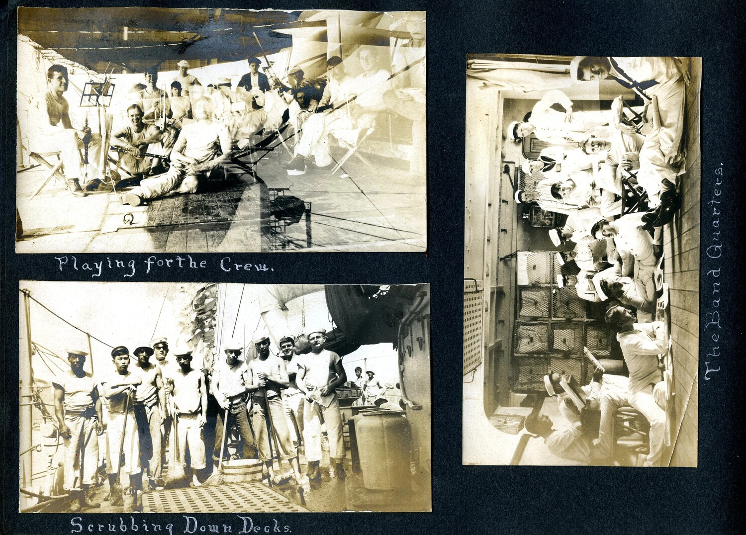Album Page: 'Playing for the Crew,' 'Scrubbing Down Decks,' and 'The Band Quarters,' USS Columbia, c. 1898-1910