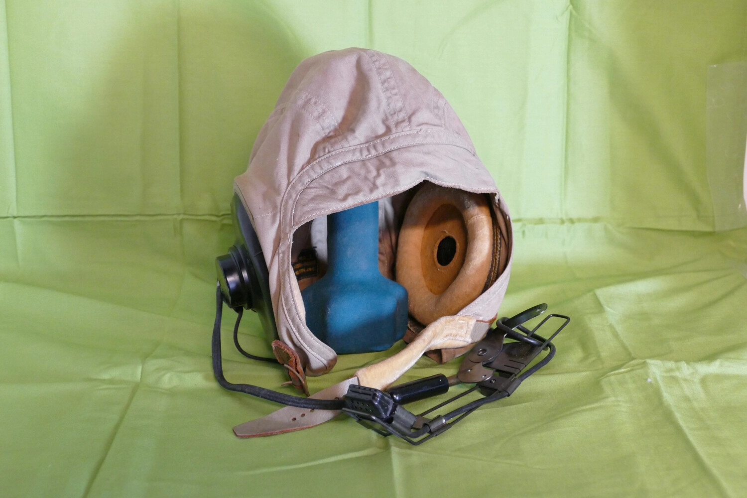 U.S. Navy Cloth Flying Helmet with Integrated Headset, Oxygen Mask Fitting, and Goggles