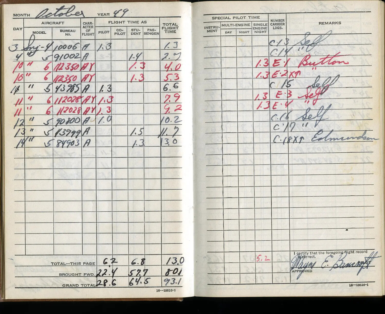 Pilot Flight Logbook Page, Wayne E. Bancroft, SNJ-4 Carrier Qualification Entries, October 1949